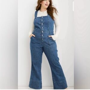 Aerie Denim Kick Flare Overalls Front Button Detail Size Small Relaxed‎ Fit